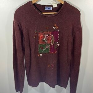 Vintage Fall Leaves Autumn Embroidered Knit Patchwork Sweater Rusty Orange